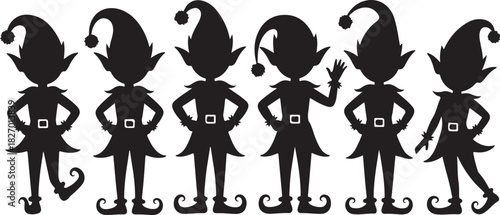 Festive Christmas elf silhouettes in various poses, capturing holiday spirit and charm in black vector black vector