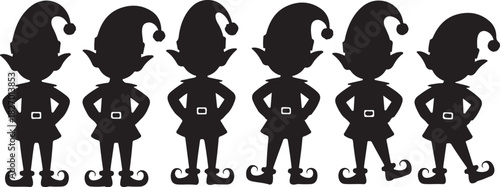 Festive Christmas elf silhouettes in various poses, capturing holiday spirit and charm in black vector black vector