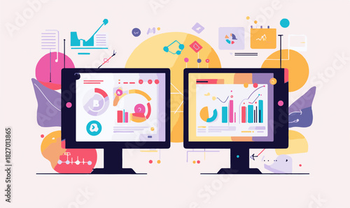 Business data analysis and digital visualization on twin screens Vector