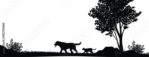 Silhouette of dog and cat walking together in nature landscape with trees, grass, bushes, outdoor wildlife scene, peaceful animal companionship theme
