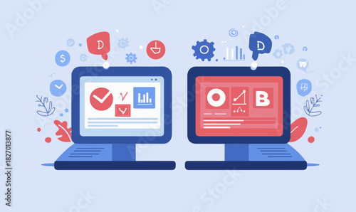 Digital marketing a/b test data comparison on two computers. Vector