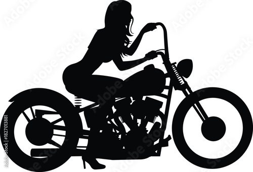 Silhouette of woman riding custom motorcycle in bold biker pose, showcasing freedom, power, attitude, vintage motorbike style, strong female rider imagery