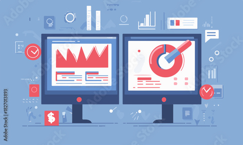 Business data analysis and financial graphs on dual monitors Vector