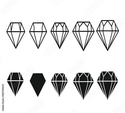 bb (67Vector illustration of diamond icons, showcasing both outline and solid black designs, ideal for jewelry, luxury, and graphic design, isolated on white background).eps