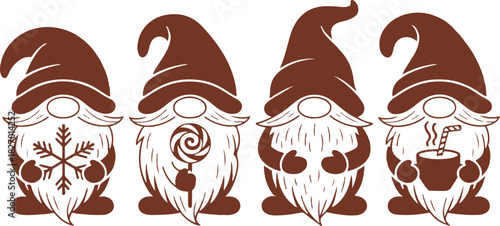 Four vector stencils of gnomes for cutting. Window decoration, gnome protrusion