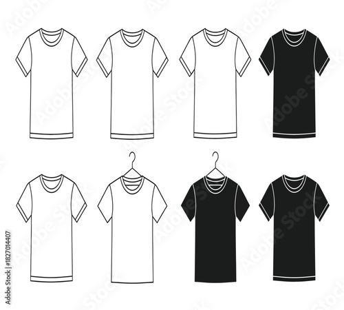 Blank black and white tshirt templates, showcasing flat lay and hanging designs, ideal for apparel mockups, branding, fashion, isolated on white