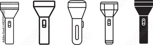 Outline and filled flashlight icons set with various designs, modern vector graphics for emergency, camping, safety, and light concepts Vector