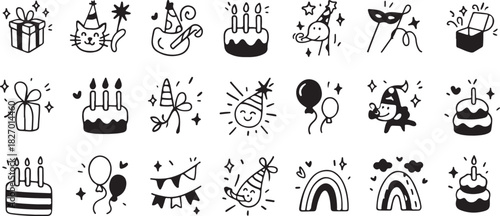 Set of cute line doodle outline children birthday icons. Hand drawn sketch vector illustration. Happy kids party celebration. Birthday cake with candles, firecracker, confetti black and white illustra