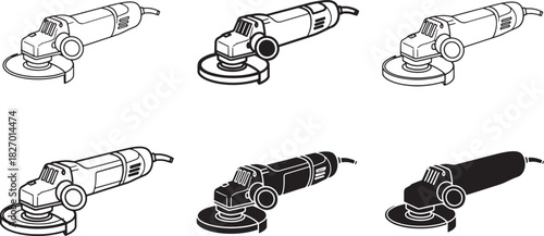 Six angle grinder icons set. essential power tools for metalworking, cutting, grinding, and polishing applications. Vector