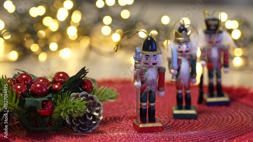 Bucharest Romania 27 November 2025. Nutcracker soldier on a festive Christmas background with warm glowing lights, creating a cozy holiday atmosphere