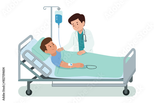 Cartoon illustration of a doctor attending to a patient in a hospital bed