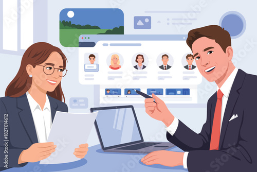 Illustrated woman holding paper and man pointing at profiles on a laptop screen