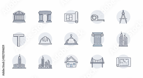 Collection of architectural and construction icons representing buildings and tools.