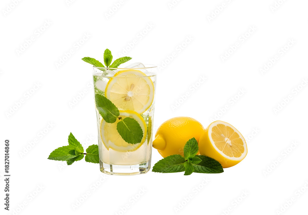 Fototapeta premium Refreshing lemon mint drink with fresh lemons and mint leaves