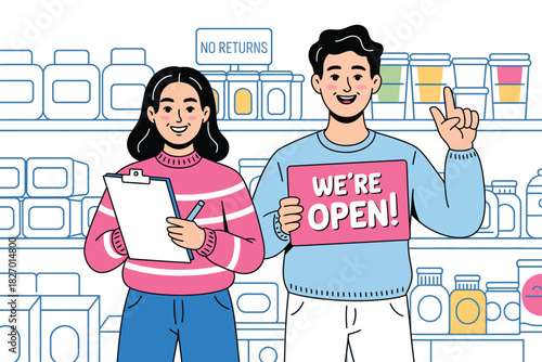 Two employees standing in front of shelves holding a we are open sign