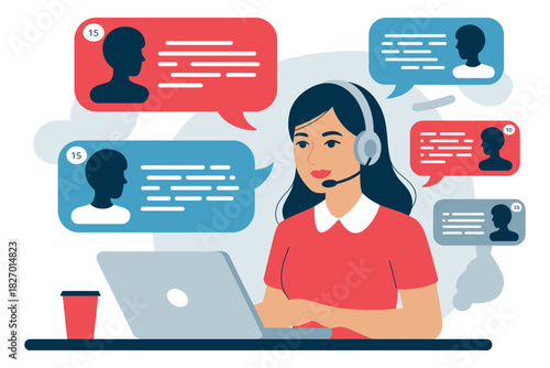 Illustration of woman with headset and laptop surrounded by chat bubbles