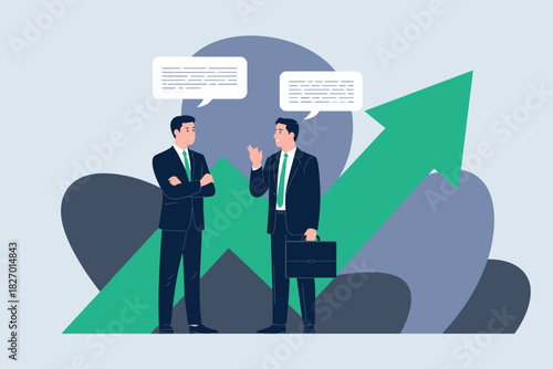 Two businessmen discussing business strategy with upward arrow background