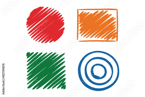 Illustration of red circle orange square green square and blue target shape