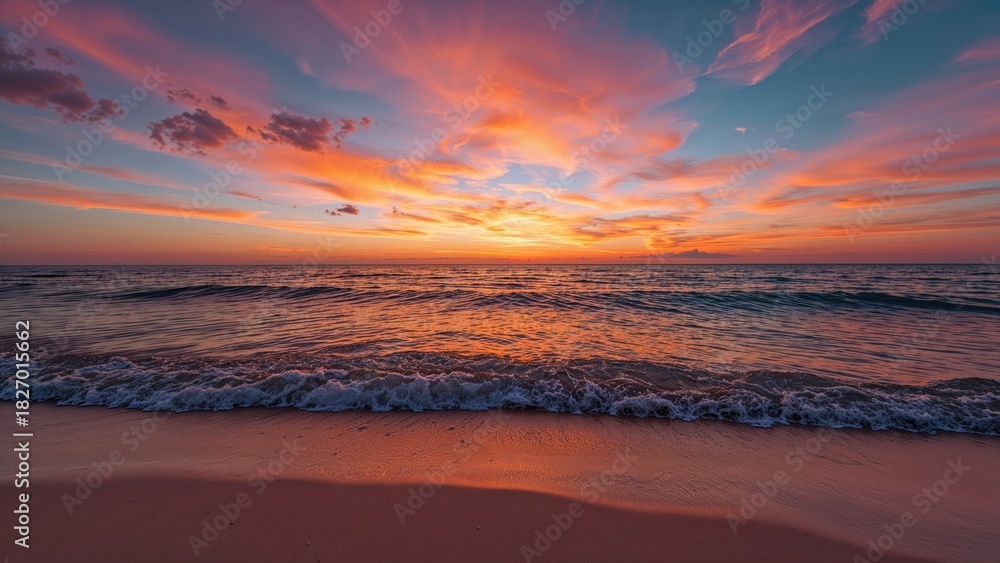 Fototapeta premium Sunset over a beach with vibrant sky colors and calm ocean waves.