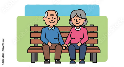 Senior couple holding hands on a bench. Cartoon illustration of elderly people in love. Retirement and companionship concept vector graphic
