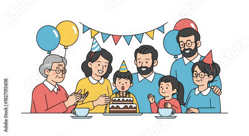Multi-generational family celebrating a child's birthday party. Happy characters with a cake and balloons. Cartoon vector illustration