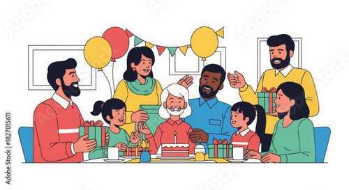 A diverse multi-generational family celebrating a grandmother's birthday. Happy people with cake and gifts at a party. Flat design vector illustration
