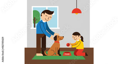 A father and daughter playing with their pet dog in a living room. Flat design vector illustration of family life. Pet care and companionship concept
