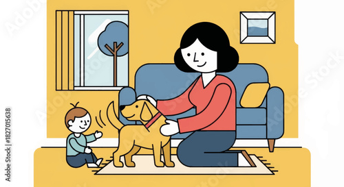 Mother and son petting their dog in a cozy living room. Family life and pet companionship concept. Flat design vector illustration