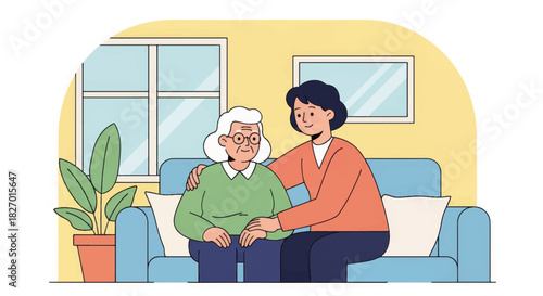 Young caregiver supporting an elderly woman on a sofa. Flat vector illustration of senior care and family companionship. Home assistance and volunteering concept