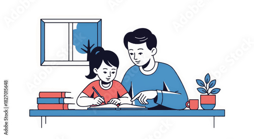 A father helping his daughter with homework. Parenting, homeschooling, and education concept. Minimalist flat design vector illustration