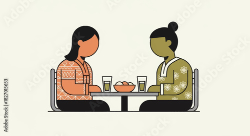 Two people sitting at a table for a meeting or conversation. Minimalist flat design vector illustration. Concept of communication, friendship, and interviews