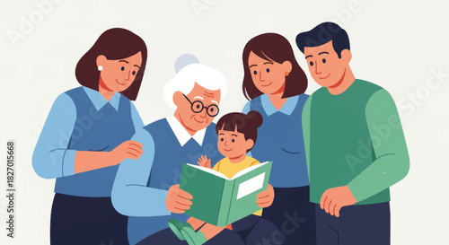Multi-generational family reading a book together. Grandmother storytelling to a child with parents. Flat vector illustration of family bonding and education.