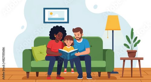 Diverse family reading a book together. Parents and daughter on sofa at home. Flat design vector illustration