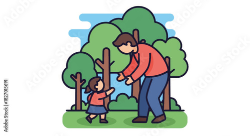Father and daughter family bonding. Flat design vector illustration of parent and child playing outdoors in a park