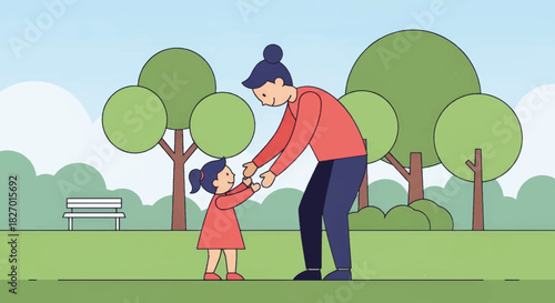 Family interaction in park. Parent and child playing outdoors. Flat design vector illustration