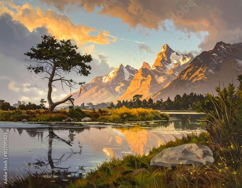 A serene landscape showing sun-kissed mountain peaks reflected in calm water. A solitary tree stands by the lake, bathed in golden light
