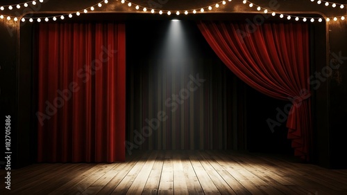 A dimly lit theater stage with rich red velvet curtains and a single spotlight illuminating the wooden floorboards
