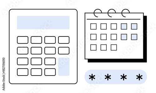 Calculator, calendar, and password field emphasizing calculations, scheduling, cybersecurity, organization, accounting, productivity and system management. Ideal for simple flat metaphor