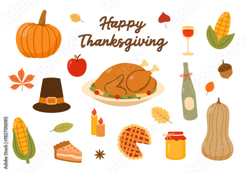 Set Thanksgiving Element. Collection of Thanksgiving Day images. Pumpkin, turkey, roasted chicken, apple pie illustration