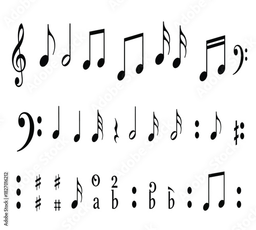 Essential musical notation symbols, featuring treble and bass clefs, various note values, rests, sharps, flats, and other key elements, isolated on white