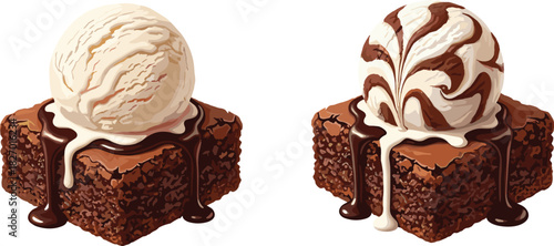 Chocolate brownie, vanilla ice cream, dessert plate, swirl sauce, sweet treat, gourmet food, rich texture, scoop topping, indulgent flavor, artistic drizzle, dessert styling, food photography,