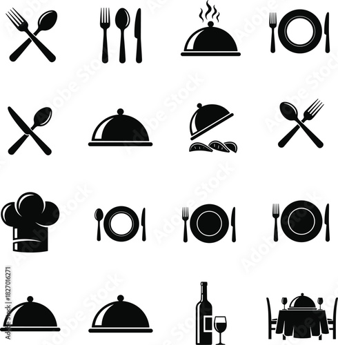 Dining icons set, restaurant symbols, food service vector, chef hat, cutlery illustration, wine bottle, plate, spoon, fork, knife