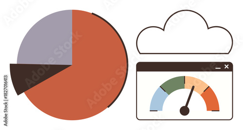 Pie chart and performance dashboard in cloud interface. Ideal for data analysis, cloud computing, performance measurement, technology, business strategy, software development, and IT visualization