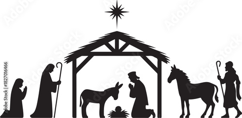 Nativity Scene Silhouette, Christmas, Nativity Christmas Scene vector illustration