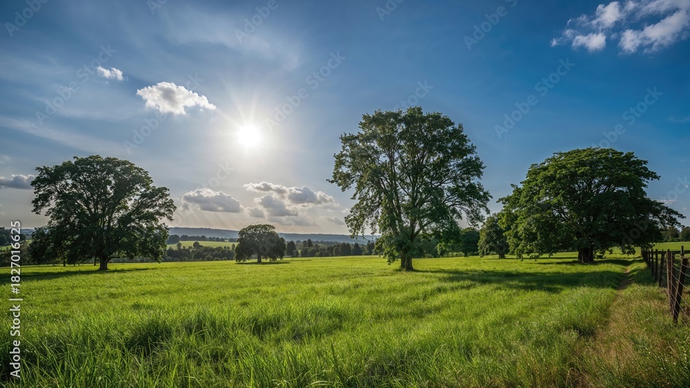 Fototapeta premium Open grassy field with trees under bright sun and blue sky, with clouds; natural rural landscape scene.