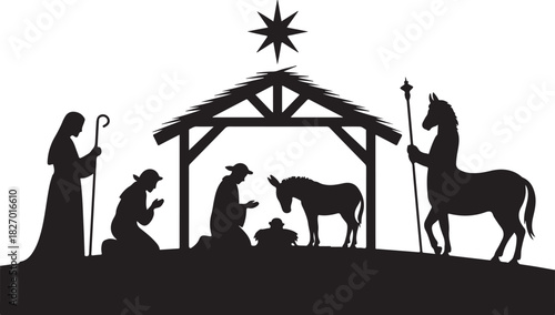 Nativity Scene Silhouette, Christmas, Nativity Christmas Scene vector illustration