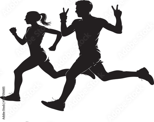 A black and white silhouette of a man and woman running together, both holding up peace signs with their fingers.