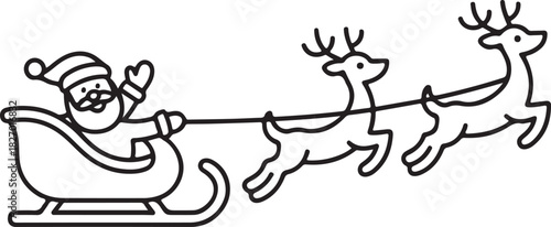One continuous line drawing of christmas reindeer and Santa Claus. Wild animal deer with antlers is dynamic silhouette in simple linear style. Elegance editable stroke. Doodle vector illustration