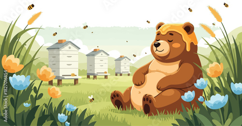 A cartoon bear sits contentedly in a field of flowers, covered in honey, with beehives visible in the background and bees buzzing around.
