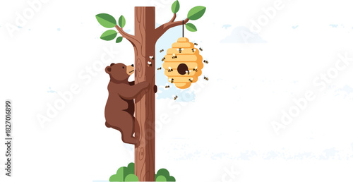A brown bear climbs a tree toward a beehive, surrounded by flying bees, seeking honey.